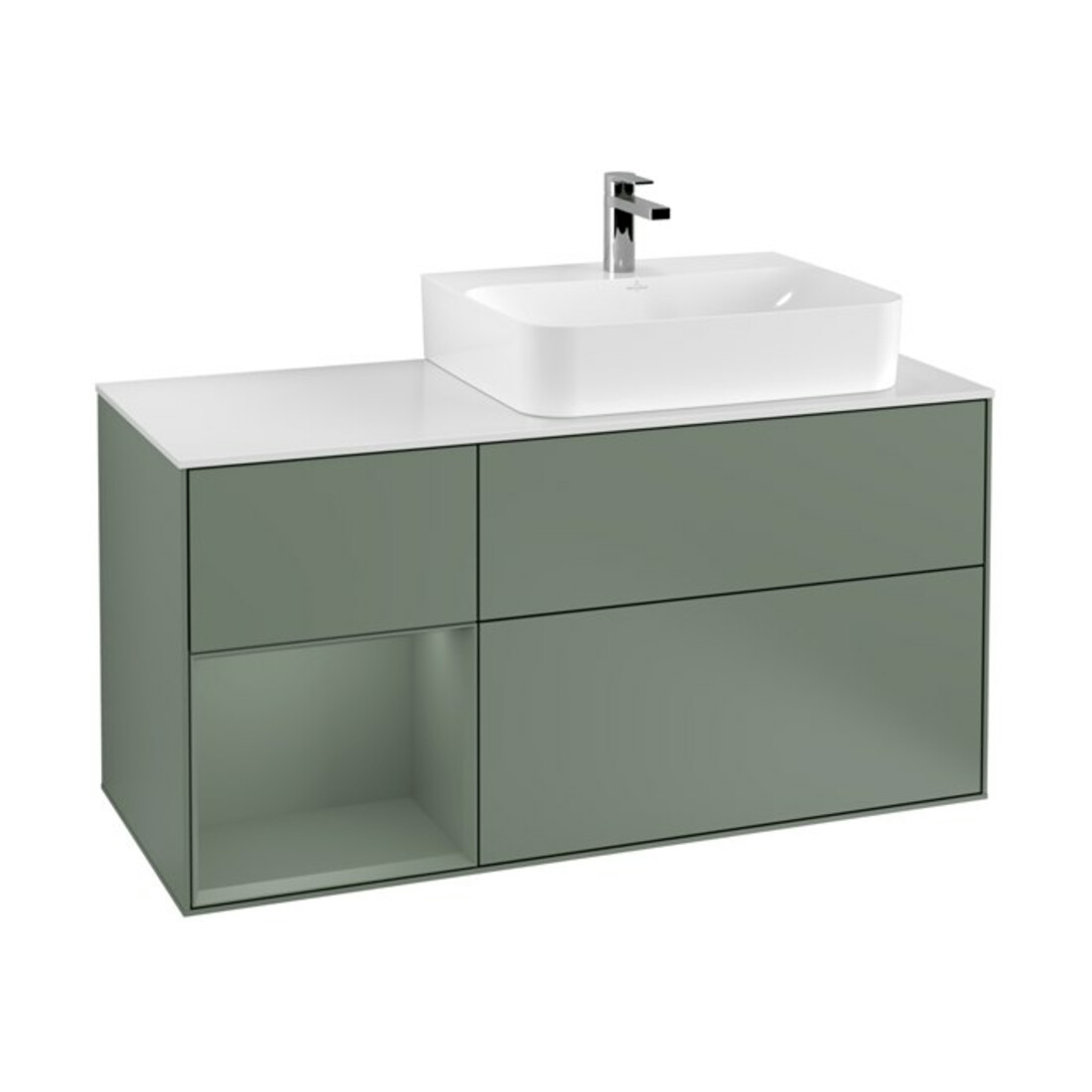 V&B Finion Meuble sous lavabo 120 cm, blanc mat, poignée laquée, olivier mat laqué