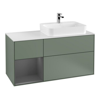 V&B Finion Meuble sous lavabo 120 cm, blanc mat, poignée latérale, olivier mat laqué