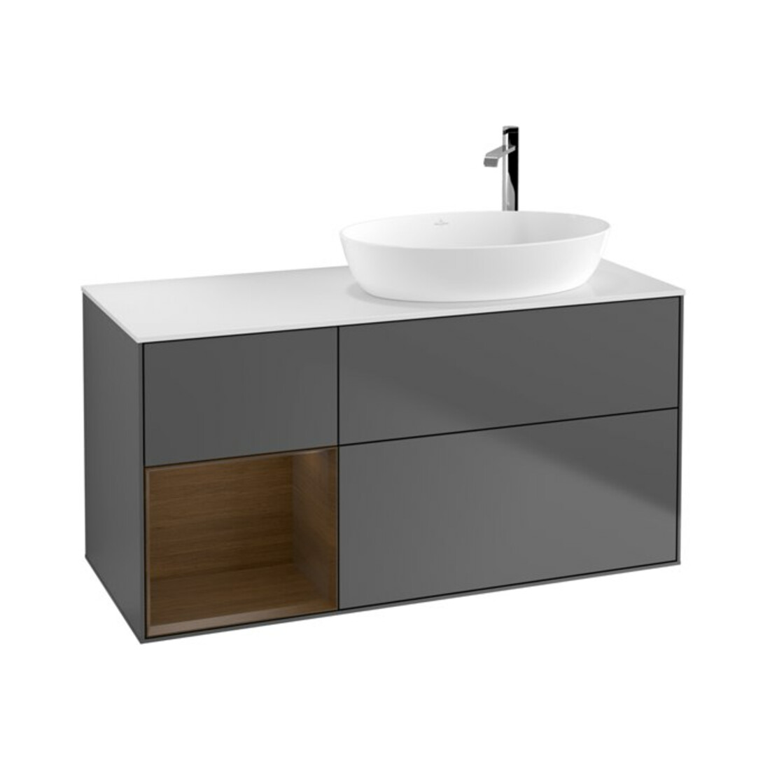 V&B Finion Meuble sous lavabo 120 cm, blanc mat, poignée noyer, anthracite mat