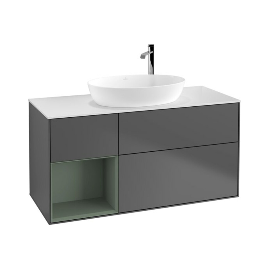 V&B Finion Meuble sous lavabo 120 cm, blanc mat, poignée olivier mat, anthracite mat