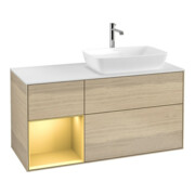 V&B Finion Meuble sous lavabo 120 cm, blanc mat, poignée or mat, éclairage mural