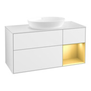 V&B Finion Meuble sous lavabo 120 cm, blanc mat, poignée or mat, laque blanche brillante