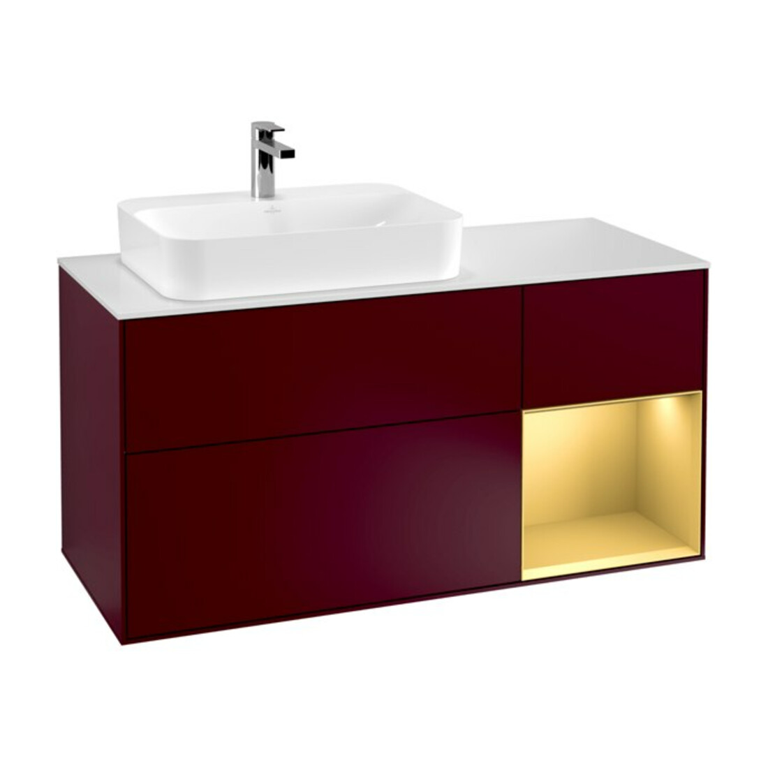 V&B Finion Meuble sous lavabo 120 cm, blanc mat, porte droite, poignée or mat, miroir