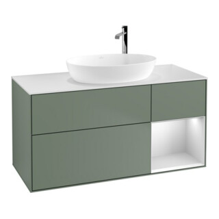 V&B Finion Meuble sous lavabo 120 cm, blanc mat, rangement blanc laqué, olivier laqué