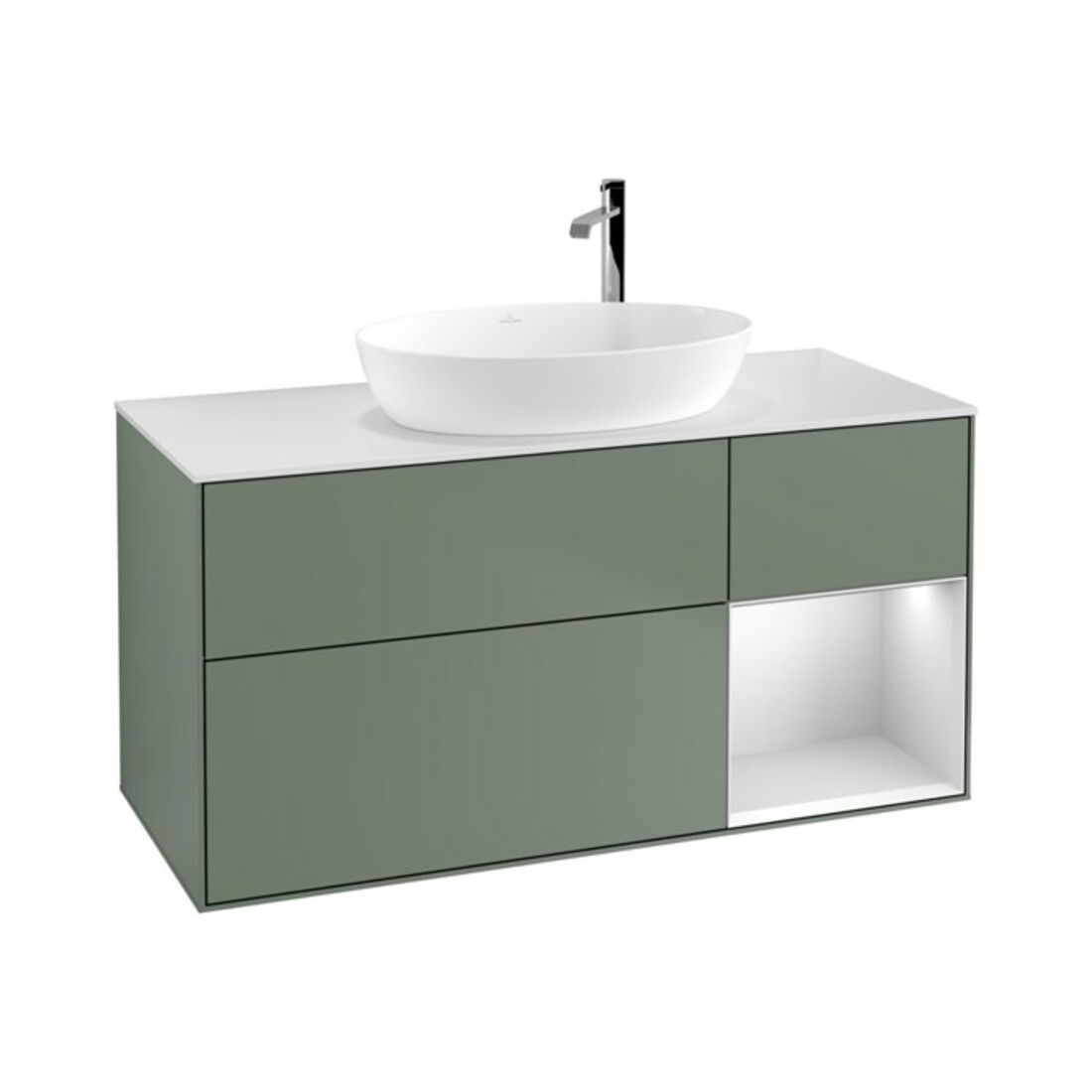 V&B Finion Meuble sous lavabo 120 cm, blanc mat, rangement blanc laqué, olivier laqué