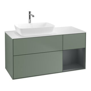 V&B Finion Meuble sous lavabo 120 cm, blanc mat, rangement moyen laqué, olivier mat laqué