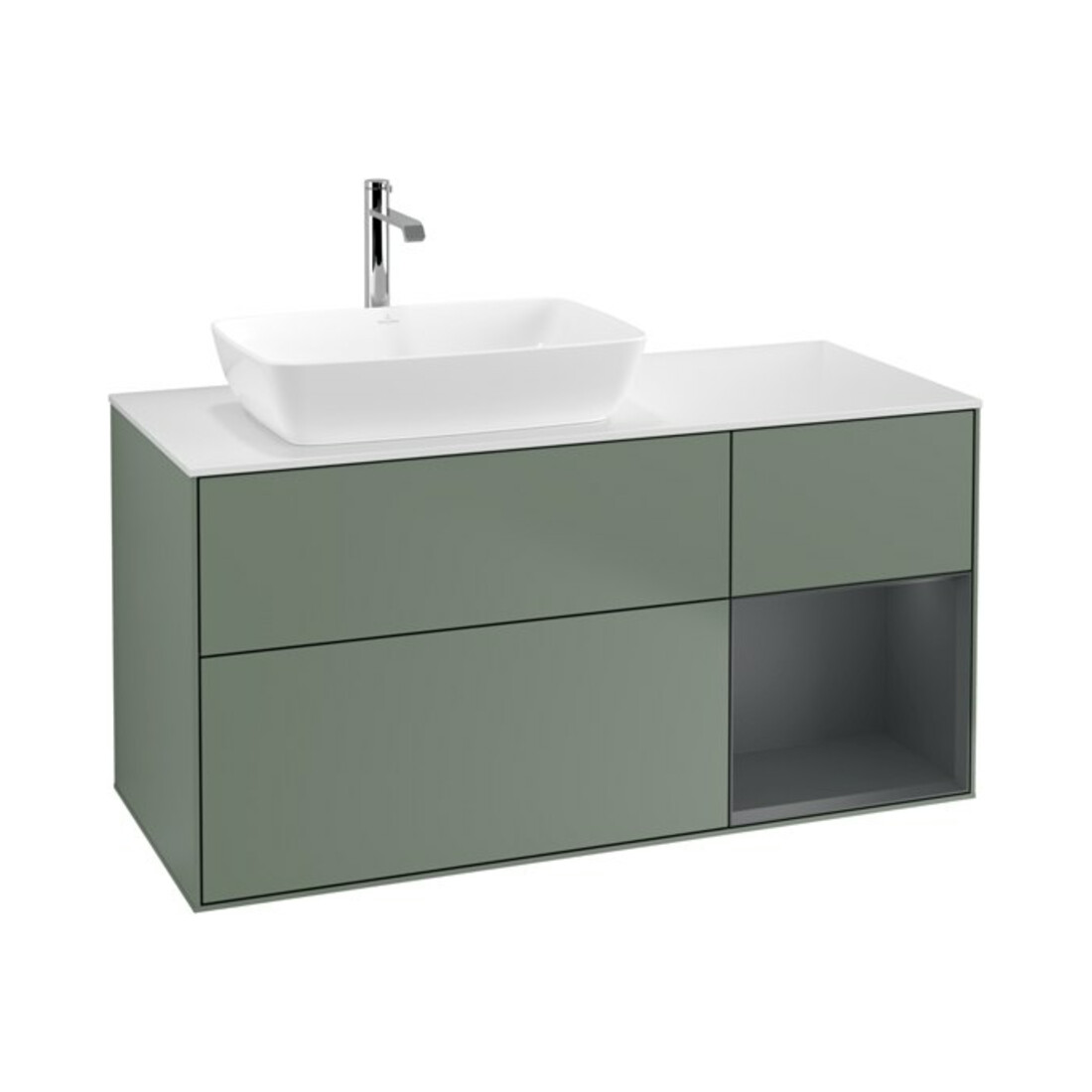 V&B Finion Meuble sous lavabo 120 cm, blanc mat, rangement moyen laqué, olivier mat laqué