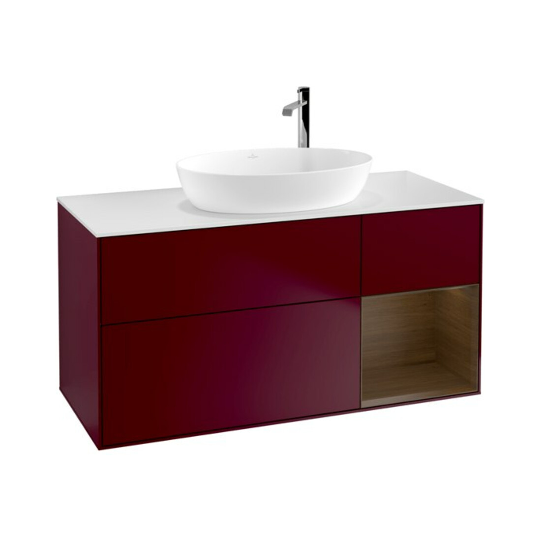 V&B Finion Meuble sous lavabo 120 cm, blanc mat, réglette bois noyer, poignée métal