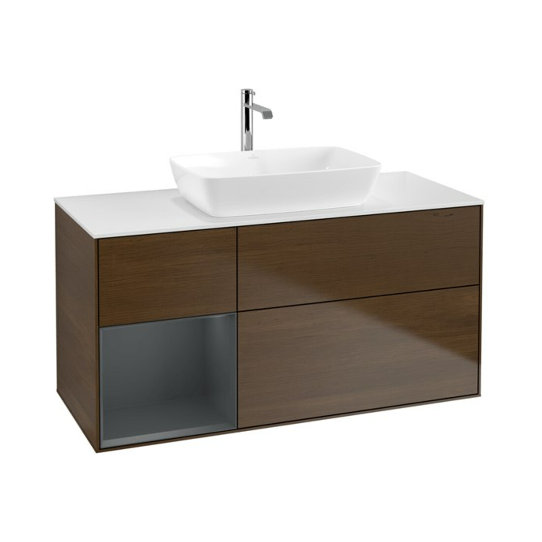 V&B Finion Meuble sous lavabo 120 cm, blanc mat, réglette LED, placage noyer veneer