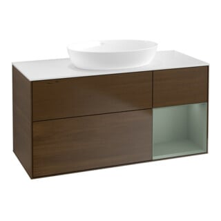 V&B Finion Meuble sous lavabo 120 cm, blanc mat, réglette olivier mat laqué, veinage bois