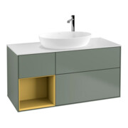V&B Finion Meuble sous lavabo 120 cm, blanc mat, réglette or mat laqué, olivier mat laqué