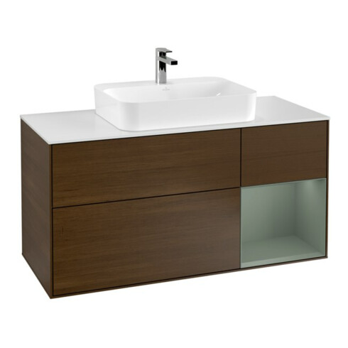 V&B Finion Meuble sous lavabo 120 cm, blanc mat, tiroir à droite, poignée en bois, finition noyer veinée