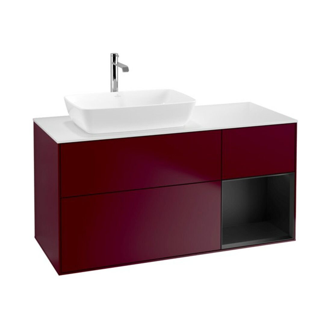 V&B Finion Meuble sous lavabo 120 cm, blanc mat, tiroir bleu mat, poignée métal