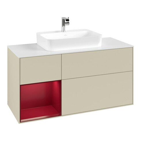 V&B Finion Meuble sous lavabo 120 cm, blanc mat, tiroir gauche, gris mat laqué