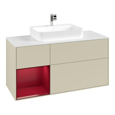 V&B Finion Meuble sous lavabo 120 cm, blanc mat, tiroir gauche, gris mat laqué