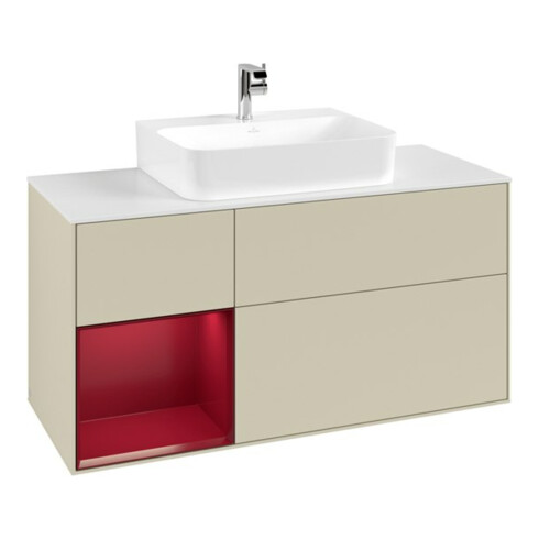 V&B Finion Meuble sous lavabo 120 cm, blanc mat, tiroir gauche, gris mat laqué