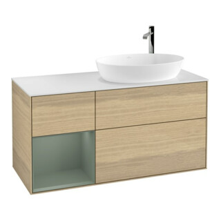 V&B Finion Meuble sous-lavabo 120 cm, blanc mat, tiroir huilé avec laque, éclairage mural