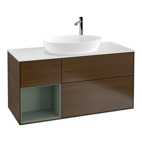 V&B Finion Meuble sous-lavabo 120 cm, blanc mat, tiroir huilé, placage noyer