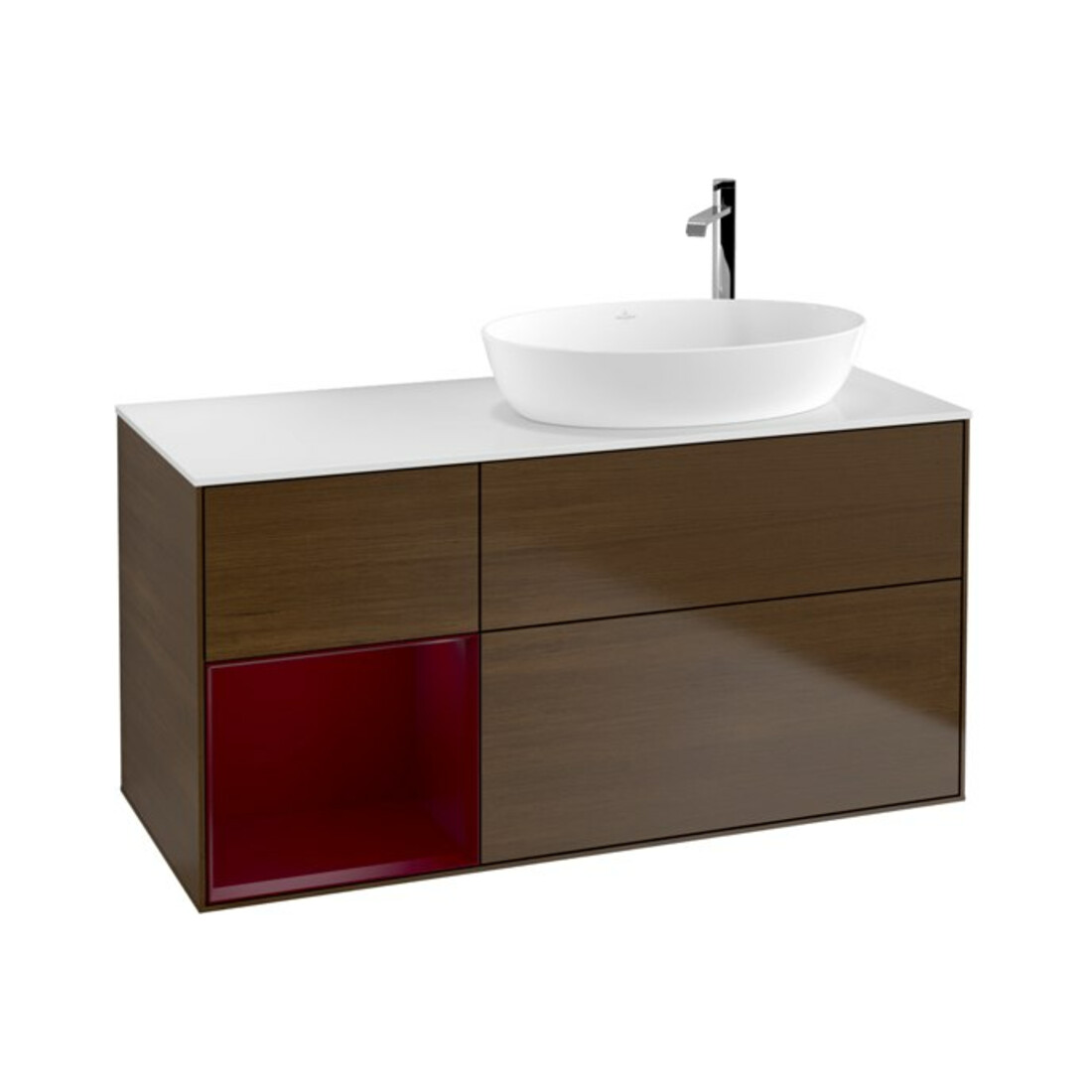 V&B Finion Meuble sous lavabo 120 cm, blanc mat, tiroir laqué, noyer veinée