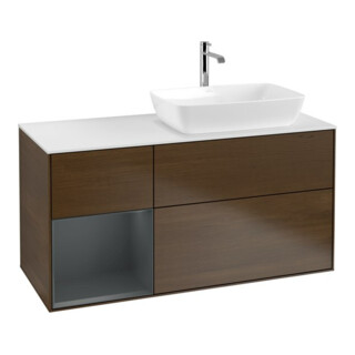 V&B Finion Meuble sous lavabo 120 cm, blanc mat, tiroir médium mat laqué, noyer veneer
