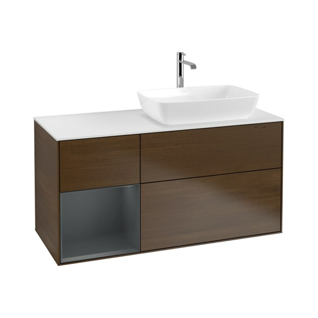 V&B Finion Meuble sous lavabo 120 cm, blanc mat, tiroir médium mat laqué, noyer veneer