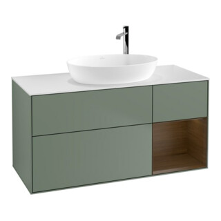 V&B Finion Meuble sous lavabo 120 cm, blanc mat, tiroir noyer, poignée laquée