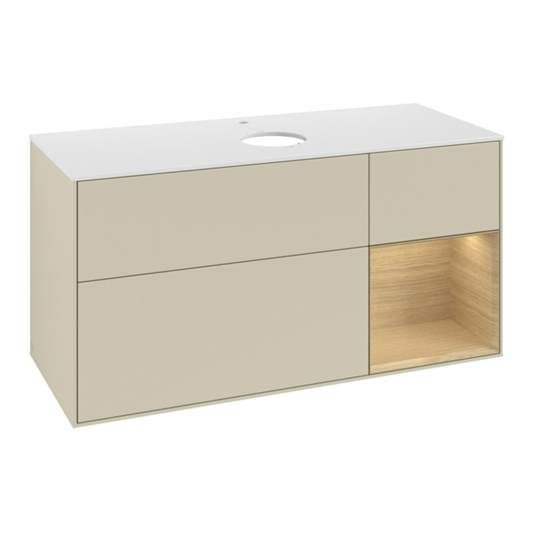 V&B Finion Meuble sous lavabo 120 cm, blanc mat, tiroir ouvert, gris mat laqué