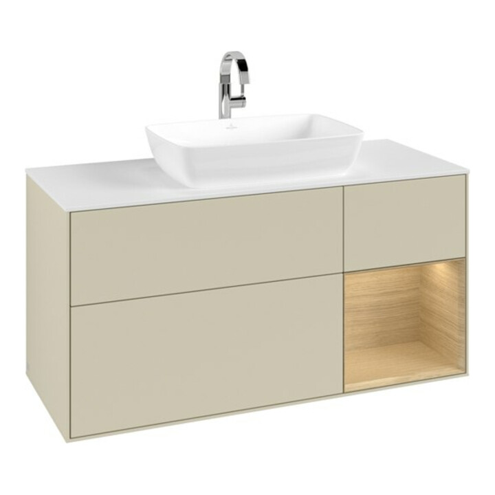 V&B Finion Meuble sous lavabo 120 cm, blanc mat, tiroir ouvert, gris mat laqué