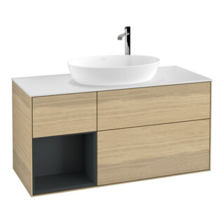 V&B Finion Meuble sous lavabo 120 cm, blanc mat, tiroirs médium laqué, éclairage mural