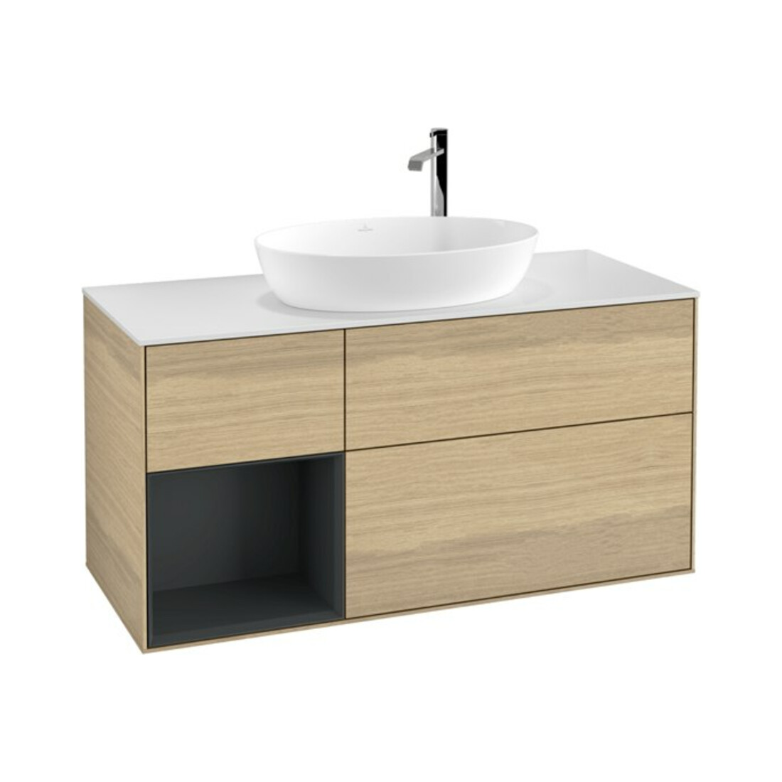 V&B Finion Meuble sous lavabo 120 cm, blanc mat, tiroirs médium laqué, éclairage mural