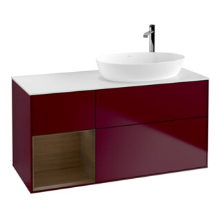 V&B Finion Meuble sous lavabo 120 cm, blanc poli, chêne sauvage verni, poignée métal