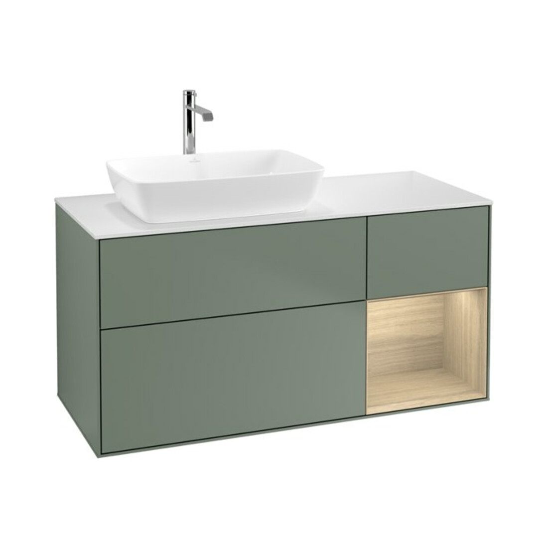 V&B Finion Meuble sous-lavabo 120 cm, blanc poli, éclairage mural, tiroirs, huile avec laque