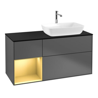V&B Finion Meuble sous lavabo 120 cm, éclairage mural, anthracite, laqué, placage bois, régulateur or mat
