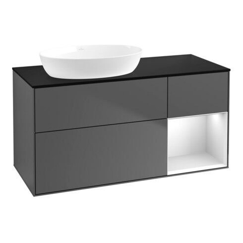 V&B Finion Meuble sous lavabo 120 cm, éclairage mural, anthracite mat, laqué blanc