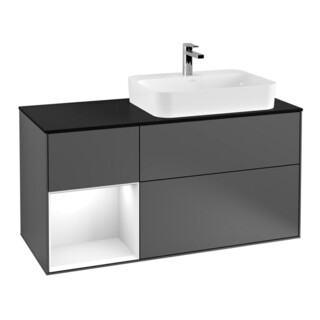 V&B Finion Meuble sous lavabo 120 cm, éclairage mural, anthracite mat, laqué blanc brillant
