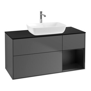 V&B Finion Meuble sous lavabo 120 cm, éclairage mural, anthracite mat, placage bois, laqué bleu mat