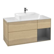 V&B Finion Meuble sous lavabo 120 cm, éclairage mural, anthracite mat, placage bois, tiroir à droite, ouverture à ventouse