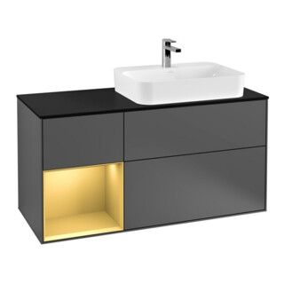 V&B Finion Meuble sous lavabo 120 cm, éclairage mural, anthracite, plan à gauche, porte miroir à gauche