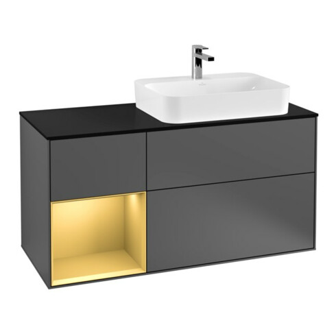 V&B Finion Meuble sous lavabo 120 cm, éclairage mural, anthracite, plan à gauche, porte miroir à gauche
