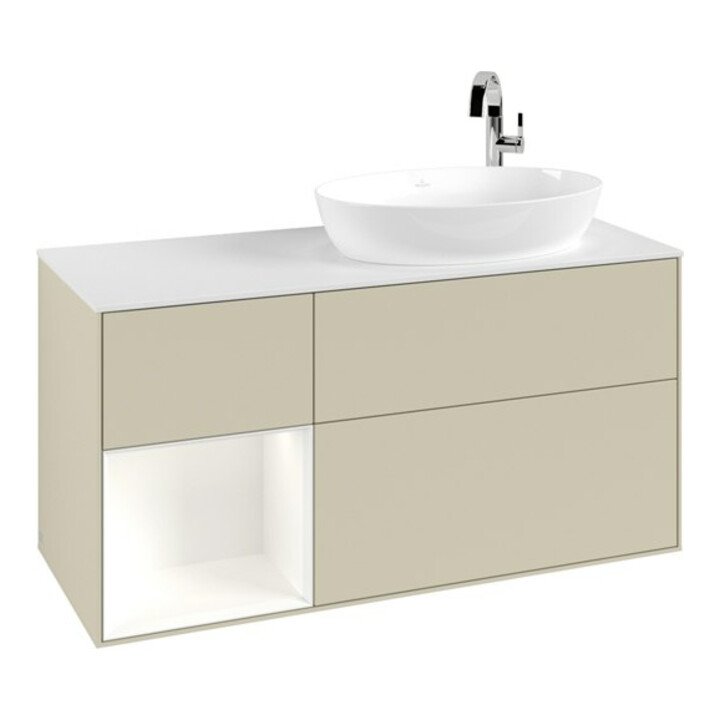 V&B Finion Meuble sous lavabo 120 cm, éclairage mural, blanc brillant, gris brillant