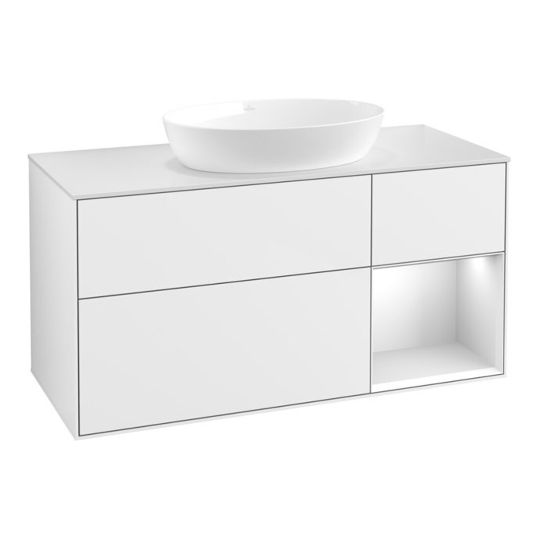 V&B Finion Meuble sous lavabo 120 cm, éclairage mural, blanc brillant laqué