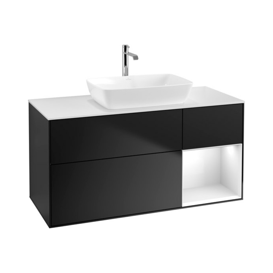 V&B Finion Meuble sous lavabo 120 cm, éclairage mural, blanc brillant, laqué bleu