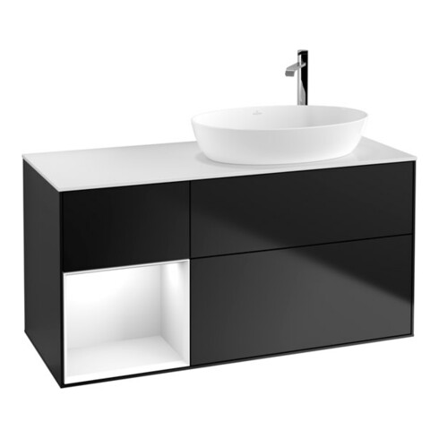 V&B Finion Meuble sous lavabo 120 cm, éclairage mural, blanc brillant, laqué bleu