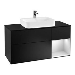 V&B Finion Meuble sous lavabo 120 cm, éclairage mural, blanc brillant, laqué bleu