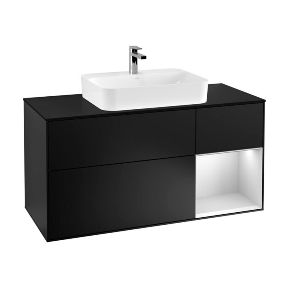 V&B Finion Meuble sous lavabo 120 cm, éclairage mural, blanc brillant, laqué bleu