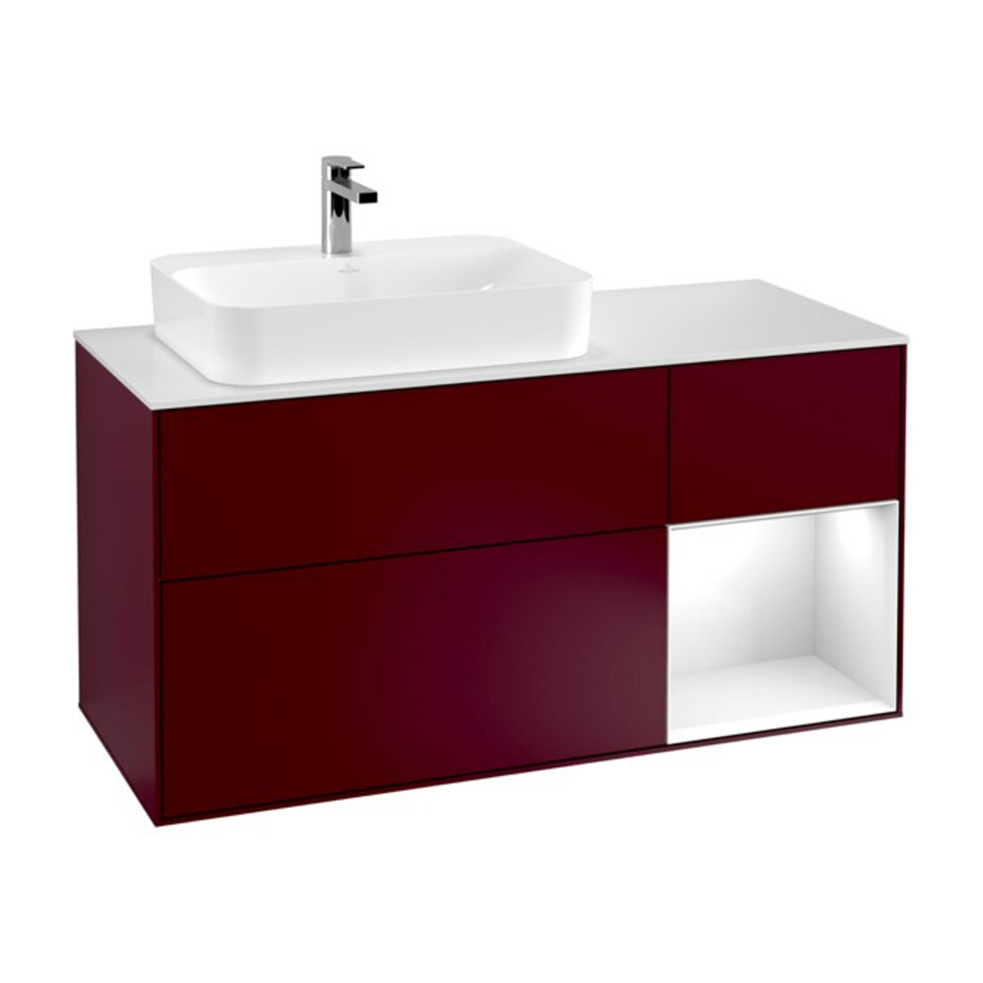 V&B Finion Meuble sous lavabo 120 cm, éclairage mural, blanc brillant, laqué, mat