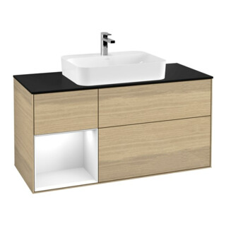 V&B Finion Meuble sous lavabo 120 cm, éclairage mural, blanc brillant, placage m, gauche
