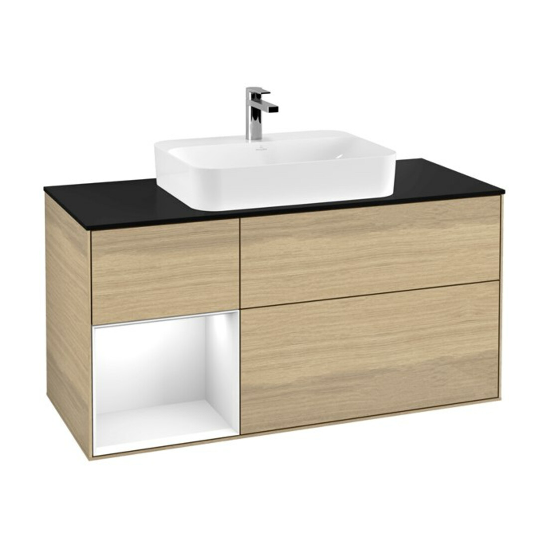 V&B Finion Meuble sous lavabo 120 cm, éclairage mural, blanc brillant, placage m, gauche