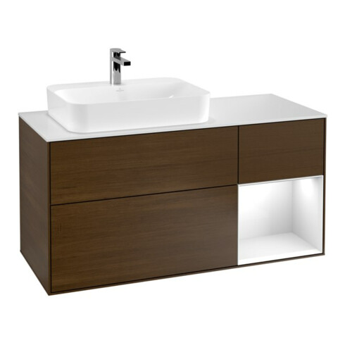 V&B Finion Meuble sous lavabo 120 cm, éclairage mural, blanc brillant, placage noyer