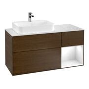 V&B Finion Meuble sous lavabo 120 cm, éclairage mural, blanc brillant, placage noyer-1